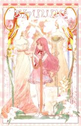  1girl adjusting_clothes ankle_socks argyle_clothes argyle_dress bloom_poetry_(shining_nikki) border bow bowtie brown_eyes closed_mouth clothes_writing commentary cross-laced_clothes cross-laced_legwear dress english_commentary floral_print flower frown full_body gradient_clothes gradient_dress highres intoxicating_times_(shining_nikki) lily_(flower) long_dress long_hair long_sidelocks long_sleeves mannequin mary_janes medium_dress nikki_(nikki) nikki_(series) orange_background orange_dress orange_sash outside_border picture_frame pinafore_dress pink_border pink_dress pink_hair pleated_dress print_dress red_bow red_bowtie red_ribbon ribbon ribbon_legwear ruefulli sash shining_nikki shirt shoes short_dress sidelocks sleeveless sleeveless_dress sleeves_past_wrists socks solo spring's_garland_(shining_nikki) standing strapless strapless_dress thinking turtleneck turtleneck_shirt two-tone_dress unworn_dress very_long_hair waist_sash wavy_hair white_dress white_flower white_shirt white_shoes white_socks 