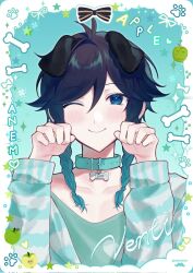  1boy animal_ears aqua_collar aqua_eyes aqua_hair black_hair blush braid closed_mouth collar commentary dog_boy dog_ears genshin_impact gradient_hair green_shirt hair_between_eyes highres jacket k3n0kay long_sleeves male_focus multicolored_hair one_eye_closed shirt smile solo striped_clothes striped_jacket twin_braids untranslatable_commentary venti_(genshin_impact) 