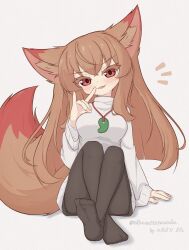  1girl :3 animal_ear_fluff animal_ears black_leggings brown_hair commentary_request crossed_bangs double-parted_bangs fang fox_ears fox_girl fox_shadow_puppet fox_tail grey_background head_tilt highres jewelry knees_up large-billed_crow leggings light_blush long_hair long_sleeves looking_at_viewer magatama magatama_necklace necklace nikaon no_shoes notice_lines open_mouth original red_eyes signature simple_background sleeves_past_wrists smile solo sweater tail turtleneck turtleneck_sweater twitter_username v-shaped_eyebrows white_sweater 
