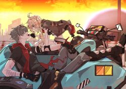  1boy 1girl ahoge bandaged_arm bandages black_boots black_gloves black_helmet black_shoes black_shorts blonde_hair boots candy combat_helmet commentary_request cropped_jacket food from_side fur-trimmed_shorts fur_trim gloves green_hair grey_pants half_gloves helmet holding holding_candy holding_food holding_lollipop hollow_(zenless_zone_zero) jacket jacket_on_shoulders lighter_(zenless_zone_zero) lollipop long_hair looking_at_viewer luciana_de_montefio nanawo open_mouth outdoors pants pickelhaube red_eyes red_scarf scarf shoes short_hair shorts sitting torn_clothes torn_scarf unworn_headwear zenless_zone_zero 