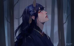  1girl absurdres alternate_costume artist_name blunt_bangs braid closed_mouth eggzumii english_commentary from_side genshin_impact grey_background hair_ornament highres japanese_clothes kimono long_braid long_hair looking_up multicolored_hair neck_ribbon outdoors pink_lips purple_hair purple_kimono raiden_shogun rain red_ribbon ribbon single_braid solo standing streaked_hair tree twitter_username upper_body violet_eyes wet 