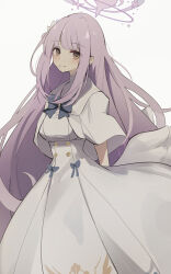  1girl blue_archive blue_bow blue_bowtie bow bowtie breasts capelet commentary_request dress halo highres light_smile long_hair looking_at_viewer medium_breasts mika_(blue_archive) mogupon pink_hair simple_background solo very_long_hair white_background white_capelet white_dress white_wings wings yellow_eyes 