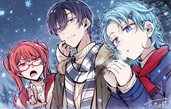  1boy 2girls absurdres black_hair black_ribbon blue_eyes blue_hair blue_jacket breathing_on_hands brown_jacket chinese_commentary commentary dated fang fei_luo_mao frederica_nikola_tesla fringe_trim fur-trimmed_jacket fur_trim glasses hair_between_eyes hair_ribbon highres honkai_(series) honkai_impact_3rd jacket lieserl_albert_einstein long_hair multiple_girls night open_clothes open_jacket open_mouth outdoors parted_lips pointing red-framed_eyewear red_eyes red_hair red_scarf ribbed_sweater ribbon scarf semi-rimless_eyewear signature sky snow star_(sky) starry_sky striped_clothes striped_scarf sweater turtleneck turtleneck_sweater twintails under-rim_eyewear upper_body welt_joyce white_sweater 