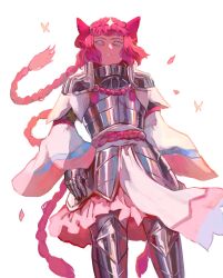  1girl absurdres althaea_(greek_mythology) armor armored_boots blue_eyes boots bug butterfly character_request check_character check_copyright commentary copyright_request dress elidyss gloves greek_mythology hair_ornament highres long_hair looking_at_viewer original pink_dress pink_hair simple_background skirt solo teeth twintails white_background 