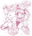  1girl ;d blush bunny earmuffs flat_chest floral_print grin hair_ribbon hand_on_head japanese_clothes kimono kizuki_miki legs_up lowres monochrome new_year obi open_mouth outstretched_arm outstretched_hand pink rabbit ribbon sandals sketch smile snow socks tabi translated twintails wink 