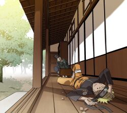  2boys architecture black_hair black_headband black_pants black_shirt black_sleeves blonde_hair board_game closed_eyes defeat east_asian_architecture facial_mark flak_jacket green_vest headband highres jacket konohagakure_shinobi_uniform konohagakure_symbol light_frown lying male_focus multiple_boys nara_shikamaru naruto_(series) naruto_shippuuden okbdko123 on_back orange_jacket orange_pants pants ponytail porch shirt short_hair smile spiky_hair tree uzumaki_naruto vest whisker_markings 