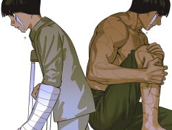  2boys bob_cut commentary_request crying crying_with_eyes_open injury korean_commentary m0_mo_momo male_focus might_guy multiple_boys multiple_scars muscular muscular_male naruto_(series) rock_lee scar teacher teacher_and_student tears topless_male 
