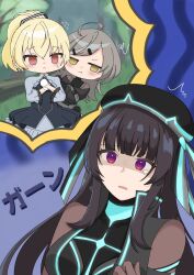  3girls :t ^^^ ahoge ando_tazusa assault_lily beret black_dress black_gloves black_hair black_hat black_ribbon black_shirt blonde_hair blue_background blunt_bangs blurry blurry_background blush bodystocking breasts chibi closed_mouth commentary detached_sleeves dress flying_sweatdrops forest gloom_(expression) gloves gradient_background grey_dress grey_hair grey_ribbon hair_ornament hairclip hand_on_another's_shoulder hand_up hands_on_own_chest hands_up hat hat_ribbon hiding hiding_behind_another high_collar highres jitome layered_dress log long_hair long_sleeves looking_at_viewer medium_breasts morimoto_yuni multicolored_hair multiple_girls nature neon_trim no_pupils off_shoulder official_alternate_costume outdoors parted_lips pout red_eyes ribbon sasaki_ran shaded_face shirt short_hair sidelocks single_tear sleeveless sleeveless_shirt squiggle standing streaked_hair striped_ribbon sweatdrop translated tree two-tone_dress two-tone_ribbon vidro_(vidro_094) violet_eyes white_gloves white_ribbon yellow_eyes 