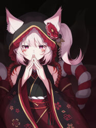  1girl animal_ear_fluff animal_ears bare_shoulders black_kimono character_request commentary_request copyright_name copyright_request detached_sleeves ears_through_hood facial_mark floral_print floral_print_kimono gradient_clothes gradient_kimono gradient_sleeves highres hood hood_up japanese_clothes kimono kitsune long_sleeves medium_hair multiple_tails nuenue one_side_up own_hands_together pink_eyes pink_hair print_kimono red_kimono red_nails red_sash red_sleeves sash shoulder_markings solo tail upper_body wide_sleeves wolf_ears wolf_girl 