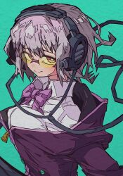  1girl absurdres bow bowtie breasts collared_shirt dress_shirt glasses green_background gridman_universe headphones highres jacket large_breasts looking_at_viewer off_shoulder purple_bow purple_bowtie purple_hair purple_jacket red_eyes shinjou_akane shirt solo ssss.gridman tinted_eyewear white_shirt yaya_hiyayaka yellow-tinted_eyewear 