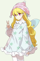  1girl alternate_color american_flag american_flag_dress american_flag_print blonde_hair closed_mouth clownpiece commentary_request cowboy_shot dress fairy_wings flag_print frilled_dress frilled_sleeves frills green_background green_dress hat highres jack_(wkm74959) jester_cap long_hair long_sleeves looking_at_viewer neck_ruff one-hour_drawing_challenge pantyhose pink_eyes polka_dot polka_dot_headwear simple_background solo star_(symbol) star_print striped_clothes striped_dress touhou v very_long_hair white_pantyhose wings 