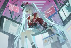  1girl absurdres black_hat breasts capelet commentary crt dalmo_(pafe2444) dress error_message hat highres holographic_monitor honkai:_star_rail honkai_(series) long_hair looking_at_viewer mini_hat mini_top_hat red_capelet sitting small_breasts smile solo sparkle_(honkai:_star_rail) sparxie_(honkai:_star_rail) thighs top_hat twintails untranslatable_commentary very_long_hair violet_eyes white_dress white_hair 