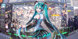 1girl :d aqua_eyes aqua_hair artist_name bass_guitar black_skirt black_sleeves breasts character_name chris4708 commentary_request detached_sleeves hatsune_miku hatsune_miku_(nt) highres instrument long_hair long_sleeves looking_at_viewer miku_day miniskirt piapro_studio pleated_skirt skirt smile solo star_(symbol) twintails very_long_hair vocaloid watermark web_address 