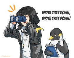  1girl absurdres arknights arknights:_endfield binoculars bird black_coat black_hair coat commentary endministrator_(arknights) english_commentary english_text female_endministrator_(arknights) griwinth highres holding holding_binoculars holding_pen long_sleeves medium_hair no_mask open_clothes open_coat open_mouth pen penguin simple_background sweater twitter_username upper_body white_background white_sweater 