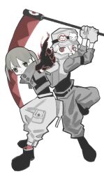  1boy 1girl black_boots black_gloves black_shirt blonde_hair boots closed_mouth commentary_request cosplay fifty0eight follo_tunito follo_tunito_(cosplay) full_body gachiakuta gloves green_eyes grey_jacket grey_pants grey_vest highres holding holding_scythe jacket korean_commentary long_hair maka_albarn pants rudo_surebrec rudo_surebrec_(cosplay) scythe shirt simple_background soul_eater soul_evans twintails vest white_background white_gloves 