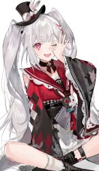  1girl animal_ears animal_print argyle_clothes artist_name bare_shoulders belt black_belt black_boots black_hat black_sash blunt_bangs boots bow bowtie braid brown_bow brown_bowtie brown_choker butterfly-shaped_pupils chain choker clothing_cutout diamond_(shape) diamond_facial_mark facial_mark fake_animal_ears fang gold_chain grey_hair hand_up hat hat_bow hat_with_ears heart heart_facial_mark highres honkai:_star_rail honkai_(series) long_hair long_sleeves looking_at_viewer mini_hat monocle multicolored_hair one_eye_closed open_mouth pink_eyes rabbit_ears rabbit_print red_hair red_shirt sailor_collar sash shirt shoulder_cutout sidelocks single_braid sitting skin_fang skirt smile solo sparkle_(honkai:_star_rail) sparxie_(honkai:_star_rail) streaked_hair stuffed_animal stuffed_rabbit stuffed_toy symbol-shaped_pupils tongue twintails very_long_hair wavy_hair white_bow white_skirt wide_sleeves yuuli_(tuna221022) 