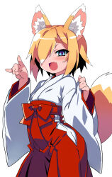  1girl absurdres animal_ears blonde_hair blue_eyes commentary_request flat_chest fox_ears fox_girl fox_shadow_puppet fox_tail hair_over_one_eye hakama highres japanese_clothes kimono looking_at_viewer miko original red_hakama short_hair smile solo tail uzuki_tenchan 