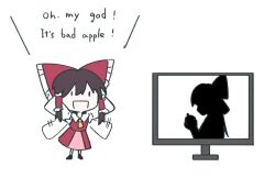  1girl ascot bad_apple!! bow brown_hair chibi chibi_only commentary_request detached_sleeves english_text frilled_bow frilled_hair_tubes frills full_body hair_bow hair_tubes hakurei_reimu highres long_hair meta nodoguro_(phi-tan) open_mouth red_bow red_skirt skirt smile television touhou yellow_ascot |_| 