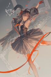  1girl bird black_dress black_hair commentary dress gloves hand_up highres lin_qing_(phosphorus_1104) looking_at_viewer orange_eyes orange_gloves orange_thighhighs original solo swan swan_girl tattoo tattoo_between_breasts thigh-highs untranslatable_commentary wings 