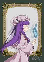  1girl absurdres artist_name blue_bow bow commentary_request dated dress facing_to_the_side fire frilled_sleeves frills from_side green_background hair_bow hand_up hat highres long_hair long_sleeves mirror mob_cap momoverflow parted_lips patchouli_knowledge pink_dress pink_hat purple_dress purple_hair red_bow reflection solo striped_clothes striped_dress touhou upper_body vertical-striped_clothes vertical-striped_dress wide_sleeves 