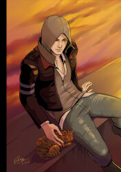  1boy alex_mercer black_jacket cat commentary denim english_commentary foot_out_of_frame full_body hood hood_up hoodie jacket jeans male_focus pants petting prototype_(game) solo sunset tabby_cat winglyc 