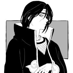  1boy akatsuki_uniform arm_out_of_sleeve black_hair black_headband border closed_mouth facial_mark fishnet_top fishnets grey_background greyscale hair_between_eyes headband highres jewelry looking_at_viewer male_focus monochrome naruto_(series) naruto_shippuuden necklace parted_bangs popped_collar sharingan solo uchiha_itachi upper_body uri_geikon white_border 