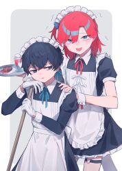  2boys annoyed apron black_dress black_hair blue_scrunchie blush commentary_request crossdressing crossdressing_(mtf) cup dress drink embarrassed food gloves hair_ornament hair_scrunchie hand_on_another's_shoulder heart heart_o-ring highres holding holding_plate holding_stick hyoutenka_30-do_no_zetsubou kasugano_(owf_ksg) kuchinashi_dabi long_dress looking_at_another looking_at_viewer maid male_focus male_maid mole mole_under_eye multiple_boys o-ring one_side_up plate red_hair scrunchie sharp_teeth short_dress stick teeth thigh_strap tonimura_yui white_apron white_gloves 