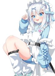  1boy apron aqua_nails aqua_shoes arm_at_side belt black_belt blue_bow blue_eyes blue_jacket blush bow brooch commentary downturned_eyes fang feet_out_of_frame frilled_apron frills grey_hair hair_between_eyes hair_bow hair_ornament hairband hand_up heart heart_brooch highres invisible_chair jacket jersey_maid jewelry kamisama_choose!_sensei_onna_no_ko_niatteru_yo! kneehighs knees_up lolita_hairband looking_at_viewer loose_socks maid maid_apron male_focus medium_hair nail_polish open_mouth shirahato_inori shoes simple_background sitting skin_fang sleeves_past_wrists smile socks solo strap_slip thighs track_jacket trap unconventional_maid v white_apron white_background white_socks wing_hair_ornament wistar1as x_hair_ornament zipper 