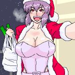  breasts christmas cleavage ghost_in_the_shell groceries hat kusanagi_motoko large_breasts lowres oekaki open_mouth purple_hair santa_hat 