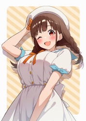  1girl :d absurdres alternate_hairstyle beret blush bow braid breasts brown_hair cowboy_shot dress hand_on_own_head hand_up hat hat_bow highres idolmaster idolmaster_shiny_colors karua_(karua23) large_breasts long_hair looking_at_viewer one_eye_closed orange_bow orange_ribbon red_eyes ribbon short_sleeves smile solo sonoda_chiyoko standing straight_hair striped_background twin_braids white_dress white_hat yellow_background 