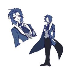  1boy ascot black_pants blue_ascot blue_coat blue_hair chesed_(project_moon) coat collared_shirt grey_vest hands_in_pockets lobotomy_corporation medium_hair multiple_views pants parted_bangs project_moon shirt simple_background vest wei_qie_zaisheng white_background white_shirt yellow_eyes 