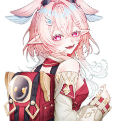  1girl :d backpack bag bare_shoulders breasts commentary_request genshin_impact hair_intakes head_wings highres linnea_(genshin_impact) long_hair long_sleeves looking_at_viewer off_shoulder open_mouth partial_commentary pink_eyes pink_hair simple_background siu-4u small_breasts smile solo upper_body white_background wings 