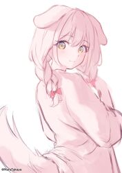  1girl :3 animal_ears blush braid commentary_request dog_ears dog_girl dog_tail floppy_ears from_behind highres long_hair looking_at_viewer looking_back original pink_hair pink_shirt pink_theme shirt simple_background solo tail takaya_naru twin_braids white_background yellow_eyes 