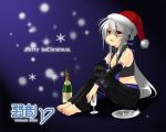  alchohol barefoot blush bottle breasts caffein christmas cleavage detached_sleeves hat headphones long_hair midriff red_eyes santa_hat silver_hair snow solo tears vocaloid voyakiloid wallpaper yowane_haku 