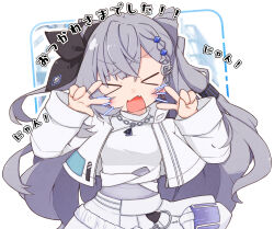  >_< 1girl closed_eyes commentary_request cone_hair_bun double_v earrings fang grey_hair hair_bun highres hololive hololive_indonesia hololive_super_expo_2026_outfit jacket jewelry lazurite long_hair ring single_earring v vestia_zeta virtual_youtuber 