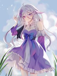  1girl artist_request blue_bow blue_bowtie bow bowtie braid check_artist clouds dress flower frilled_dress frills hair_flower hair_ornament heterochromia highres indie_virtual_youtuber long_hair luvyie_ruby multicolored_hair sky smile twin_braids 