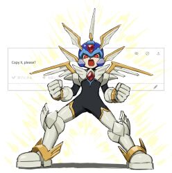  1boy ankle_wings armor aura black_bodysuit blue_helmet bodysuit boots breastplate chest_jewel clenched_hands copy_x_(mega_man) forehead_jewel full_body gem gloves head_wings helmet highres looking_at_viewer male_focus mechanical_wings mega_man_(series) mega_man_zero_(series) mega_man_zero_1 noro_zt odaibako open_mouth pauldrons powering_up red_eyes red_gem request_inset shoulder_armor solo standing thigh_boots ultimate_armor_x_(mega_man) white_boots white_gloves wings x_(mega_man) 