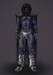 1boy alternate_form armor black_hair black_skin cape claws clothes_lift colored_skin full_body godai_yusuke grey_skin gurongi highres horns kamen_rider kamen_rider_kuuga_(series) loincloth loincloth_lift long_hair monster n-daguva-zeba n-daguva-zeba_(intermediate_form) rider_belt solo standing teeth tokusatsu