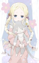  1girl alternate_hairstyle beatrice_(re:zero) blonde_hair blue_eyes blush braid commentary_request dress earrings hair_ribbon heart heart-shaped_pupils highres holding holding_stuffed_toy hugging_doll hugging_object jewelry long_hair long_sleeves looking_at_viewer open_mouth pink_dress re:zero_kara_hajimeru_isekai_seikatsu ribbon sakanaglyph sidelocks solo stuffed_animal stuffed_cat stuffed_toy sweater symbol-shaped_pupils twin_braids 