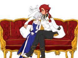  2girls 715piro_gon absurdres arm_around_shoulder black_boots black_pants blue_dress blue_eyes boots closed_eyes collared_shirt commentary_request couch dress gundam gundam_suisei_no_majo highres jacket long_hair miorine_rembran multiple_girls on_couch pants pillow ponytail red_hair shirt signature simple_background sitting suletta_mercury thick_eyebrows white_background white_hair white_jacket white_shirt yuri 