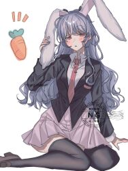  1girl amatukimahoro animal_ears black_jacket black_thighhighs blazer blush breasts brown_shoes carrot collared_shirt commentary crescent crescent_pin highres jacket loafers looking_at_viewer medium_breasts necktie pink_skirt pleated_skirt purple_hair rabbit_ears rabbit_girl red_necktie reisen_udongein_inaba shirt shoes simple_background sitting skirt solo thigh-highs touhou watermark white_background white_shirt 