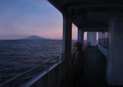  1girl absurdres akebonobashi_(artist) black_pantyhose blunt_bangs boat brown_coat brown_eyes brown_hair clouds cloudy_sky coat commentary_request dated_commentary evening ferry_(ship) fur-trimmed_coat fur_trim highres lifebuoy looking_to_the_side mountain ocean on_boat original outdoors pantyhose revision scenery ship sky solo standing swim_ring watercraft 