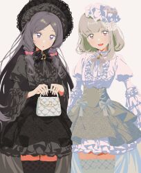  2girls absurdres bag black_dress black_hair black_skirt black_thighhighs bonnet center_frills colored_petticoat commentary dress frilled_dress frilled_sleeves frills green_skirt handbag high-waist_skirt highres juliet_sleeves kimi_to_idol_precure long_hair long_sleeves looking_at_viewer low_twintails multiple_girls musical_note petticoat precure puffy_sleeves red_eyes ribbon short_hair short_hair_with_long_locks simple_background single_sidelock skirt smile tanaka_meron tanaka_purin thigh-highs twintails violet_eyes white_background white_dress white_hair white_thighhighs yamaguchi_haruka_(tenpiboshi) zettai_ryouiki 