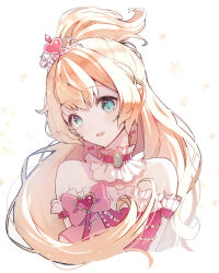  1girl :d aikatsu!_(series) aikatsu_stars! bare_shoulders blonde_hair blue_eyes bow brooch commentary_request detached_collar earrings hair_bow heart highres jewelry long_hair looking_at_viewer misty_cj open_mouth pink_bow shiratori_hime simple_background smile solo tiara upper_body white_background 