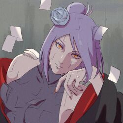  1girl akatsuki_uniform bare_shoulders black_jacket breasts closed_mouth eyeshadow falling_paper flower grey_background hair_bun hair_flower hair_ornament head_on_hand jacket jacket_partially_removed konan_(naruto) looking_at_viewer makeup medium_breasts medium_hair nail_polish naruto_(series) naruto_shippuuden orange_eyes orange_nails purple_eyeshadow purple_hair red_jacket sleeveless sleeveless_turtleneck solo swept_bangs turtleneck two-sided_fabric two-sided_jacket upper_body uri_geikon 