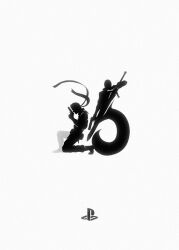  2boys anniversary bosslogic coat dante_(devil_may_cry) devil_may_cry_(series) devil_may_cry_3 gun highres holding holding_gun holding_sword holding_weapon male_focus metal_gear_(series) metal_gear_solid multiple_boys playstation_logo rebellion_(sword) sneaking_suit solid_snake sword weapon 