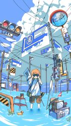  1boy binoculars bird building check_commentary clouds commentary_request crt dilapidated duck fantasy flood highres isometric looking_at_viewer male_focus original partially_immersed post-apocalypse power_lines radio road_sign rokuban_(6thavenue) scenery science_fiction sign summer traffic_light utility_pole vending_machine water what 