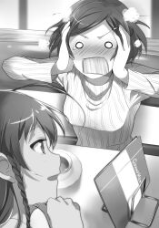 029 0_0 2girls ahoge arms_up blush braid breasts cafe cup full-face_blush greyscale hand_on_own_cheek hand_on_own_face hands_on_own_face hataraku_maou-sama! highres indoors long_hair long_sleeves menu monochrome multiple_girls novel_illustration official_art open_mouth profile short_hair side_braid sitting smile steam suzuki_rika_(hataraku_maou-sama!) sweater teacup third-party_source turtleneck turtleneck_sweater v-shaped_eyebrows yusa_emi 