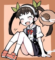  1girl akableak closed_eyes fang hachikuji_mayoi hairband monogatari_(series) open_mouth ribbon shirt sitting skirt smile snail solo suspender_skirt suspenders twintails 