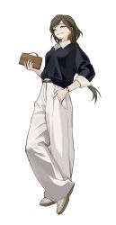  1girl absurdres bag baggy_pants belt black_sleeves black_sweater brown_eyes brown_hair clutch_purse collared_sweater earrings gold_earrings hair_between_eyes hand_in_pocket hand_up handbag highres holding holding_bag jewelry kimura_731 long_hair long_sleeves looking_at_viewer low_ponytail open_mouth original pants ponytail ribbed_sweater ring shoes simple_background single_earring smile sneakers solo standing striped_clothes sweater teeth vertical-striped_clothes watch white_background white_pants white_shoes 